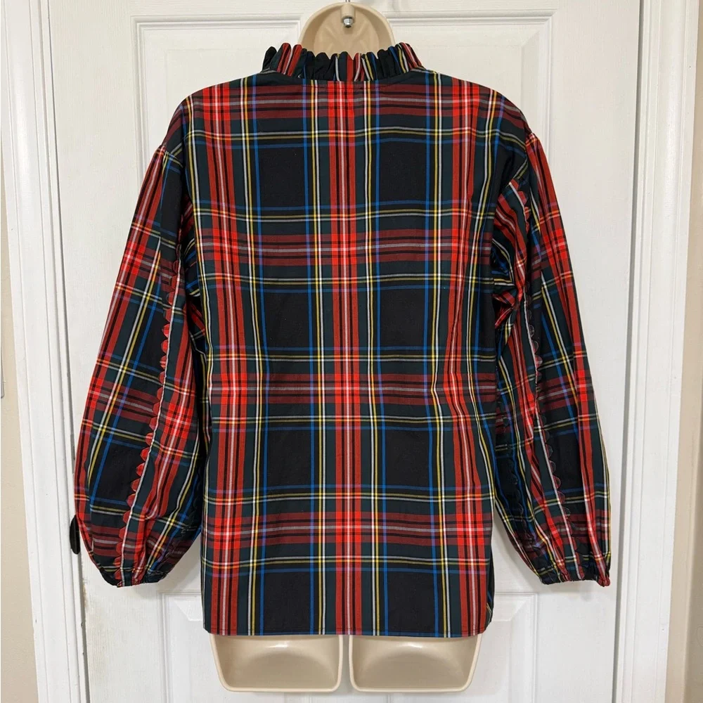 J.Crew Stewart Tartan Plaid Tie Neck Ruffle Blouse Top XS